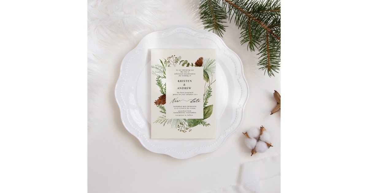 Watercolor Winter Greenery Postponed Wedding Invitation | Zazzle