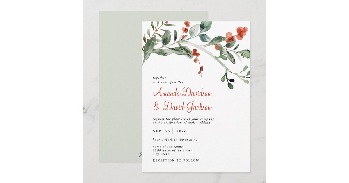 Watercolor Winter Greenery & Red Berries Wedding Invitation | Zazzle