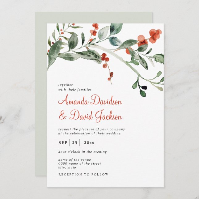 Watercolor Winter Greenery & Red Berries Wedding Invitation (Front/Back)