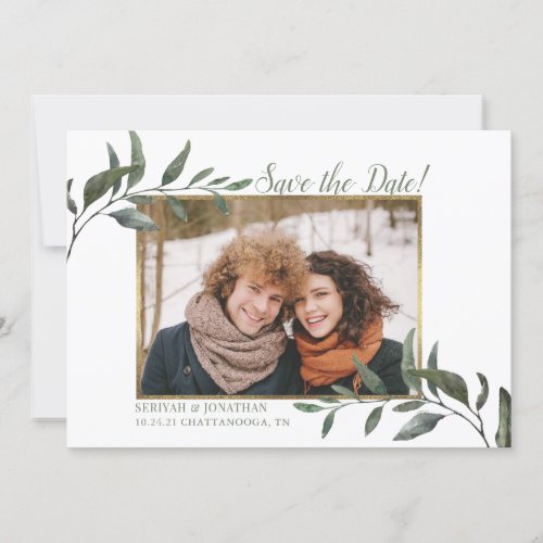 Watercolor Winter Greenery Save the Date Photo Holiday Card