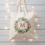 Watercolor Winter Greenery Wreath Monogram Tote Bag<br><div class="desc">Tote bag features watercolor winter greenery wreath with monogram.</div>
