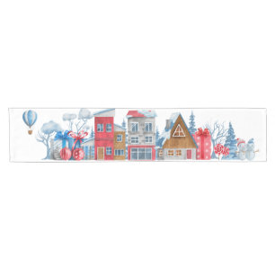 Watercolor Winter Happyland Christmas Ilustration Short Table Runner
