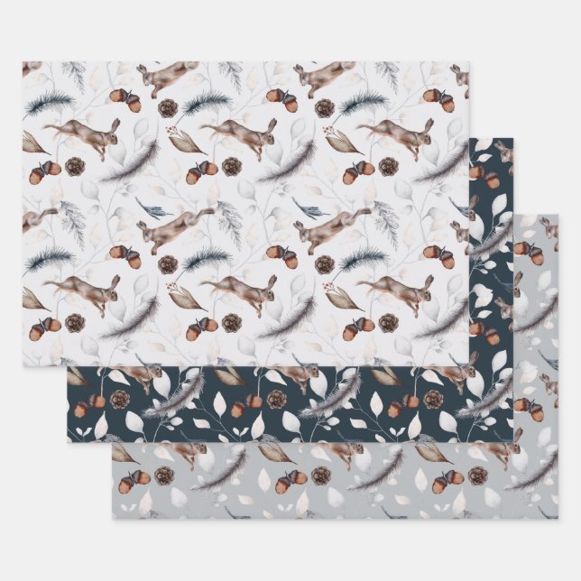 Watercolor Winter Hare Wrapping Paper Sheets (Set)