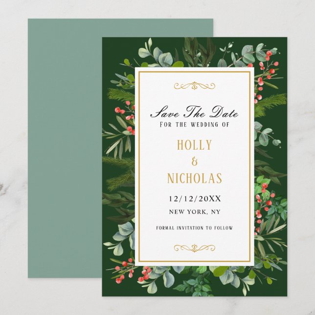 Watercolor Winter Holiday Berries Script Save The Date (Front/Back)
