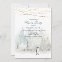Watercolor Winter Holiday Party Penguin Invitation