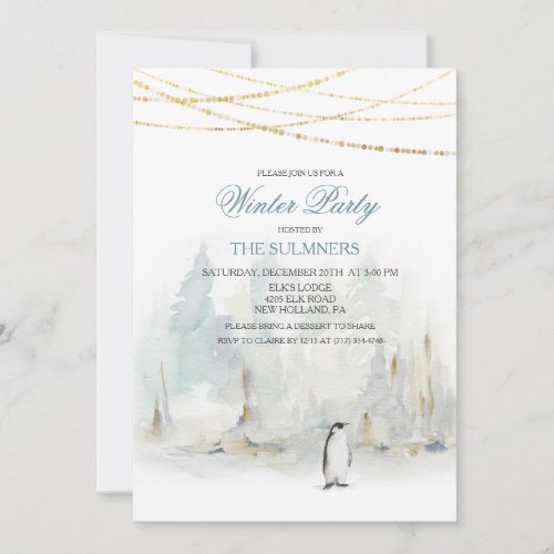 Watercolor Winter Holiday Party Penguin Invitation