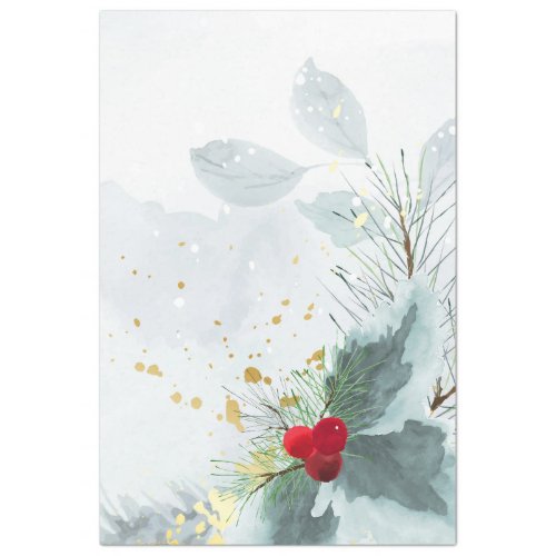 Watercolor Winter Holly Berry Pine Twig Christmas Tissue Paper