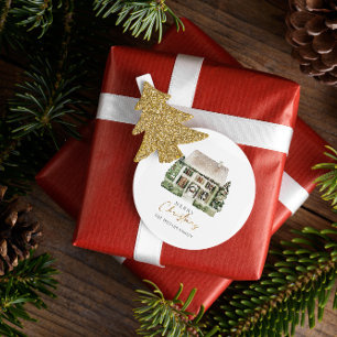 Watercolor Winter House Christmas Classic Round Sticker