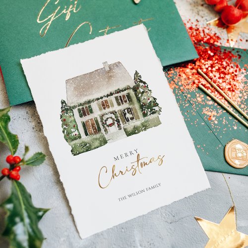 Watercolor Winter House Christmas  Holiday Card