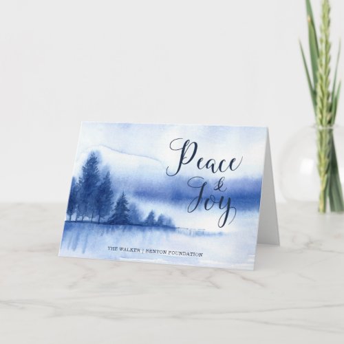 Watercolor Winter Lake Corporate Peace Joy Holiday Card