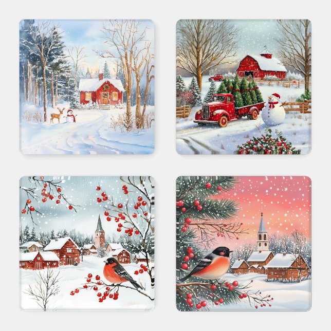 Watercolor winter landscape christmas holiday  coaster set (Set)