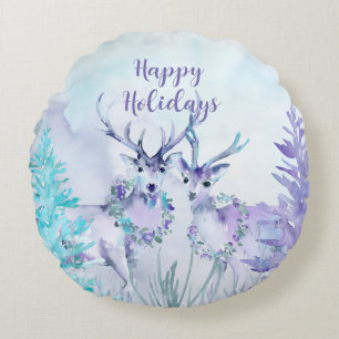 Watercolor Winter Landscape Happy Holidays Round Pillow