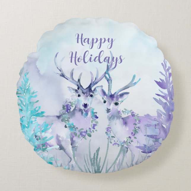 Watercolor Winter Landscape Happy Holidays Round Pillow (Front)