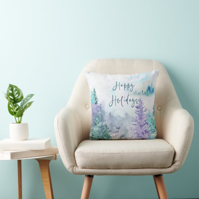Watercolor Winter Landscape Happy Holidays Throw Pillow (Chair)