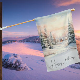 Watercolor Winter Landscape Holiday Christmas House Flag