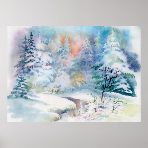 Watercolor winter landscape illustration poster