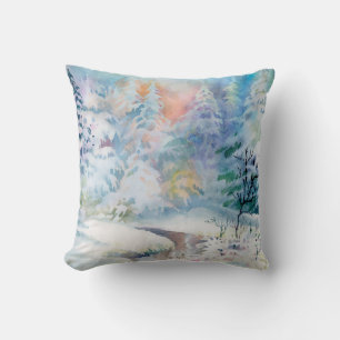Watercolor winter landscape illustration throw pillow