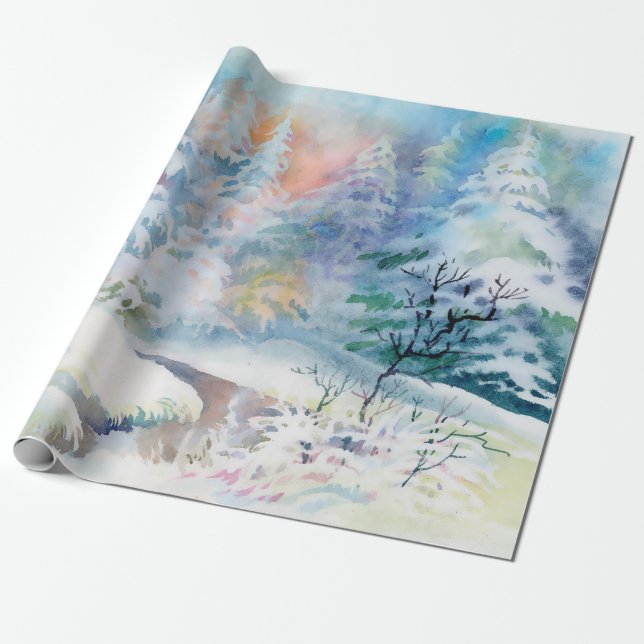Watercolor winter landscape illustration wrapping paper (Unrolled)