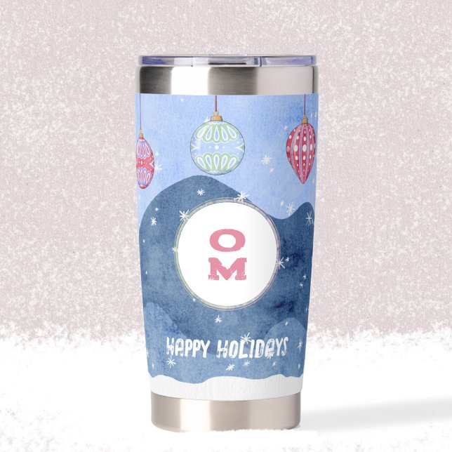 Watercolor Winter Landscape Ornaments Monogram Insulated Tumbler (Watercolor Winter Landscape Monogram Ornaments Insulated Tumbler ©Susanne Sachers - Sunny Mind 🌞)