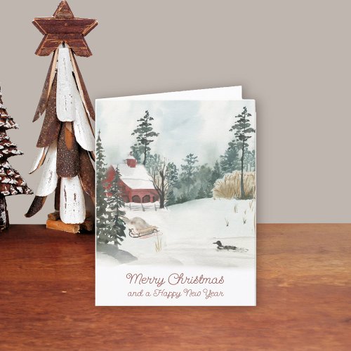 Watercolor Winter Landscape White Christmas Holiday Card