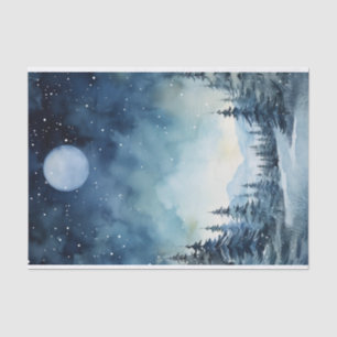 Watercolor Winter Moon over Trees in Blue Shades Tissue Paper