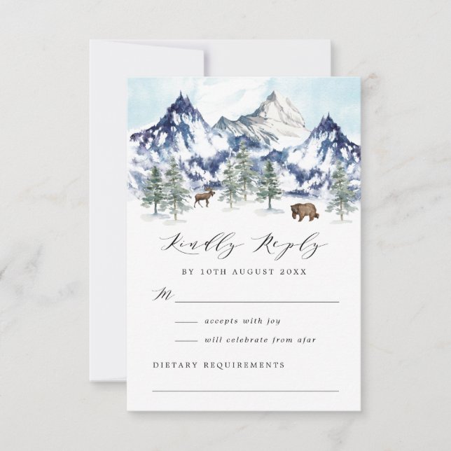 Watercolor Winter Mountain Forest Wedding RSVP Card (Front)