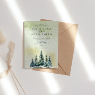 Watercolor Winter Mountain Trees Wedding Invitation