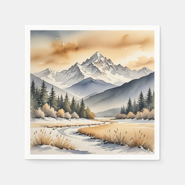 Watercolor Winter Mountain Valley Napkins (Front)