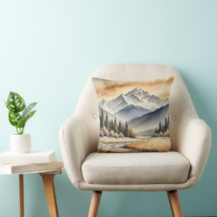 Watercolor Winter Mountain Valley Scene Throw Pillow