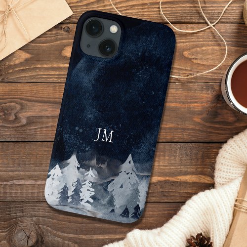 Watercolor Winter Mountains Monogrammed iPhone 13 Case