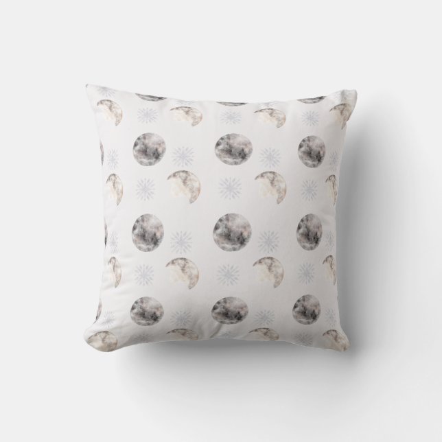 Watercolor Winter Night Moon Pattern Throw Pillow (Front)