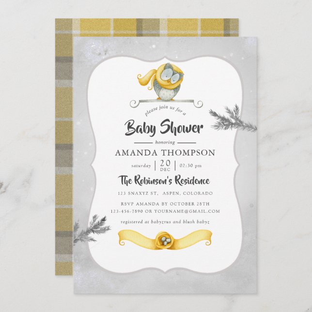 Watercolor Winter Owl Christmas Baby Shower Invitation (Front/Back)