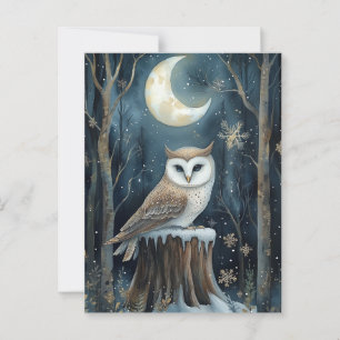 Watercolor Winter Owl under the Crescent Moon Postcard