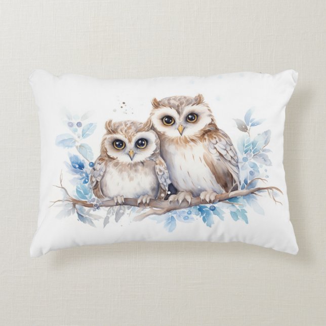Watercolor Winter Owls On Branch Accent Pillow (Front)