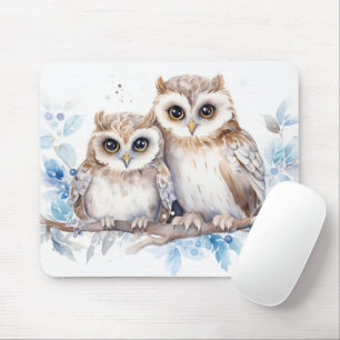 Watercolor Winter Owls On Branch Mouse Pad