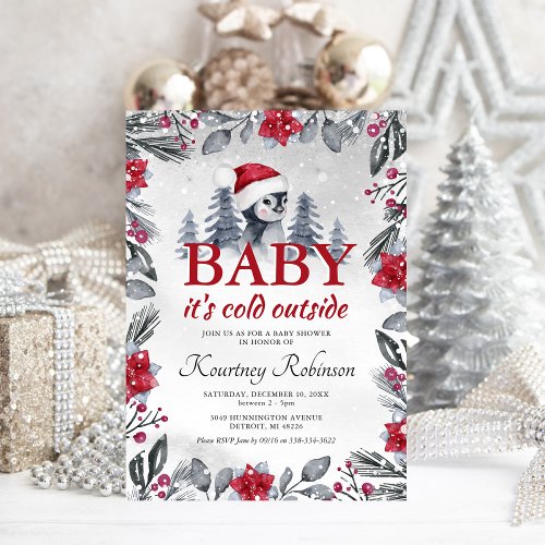 Watercolor Winter Penguin Baby Shower Invitation