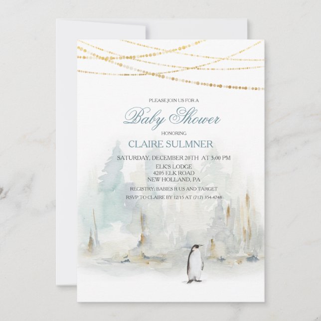 Watercolor Winter Penguin Baby Shower Invitation (Front)