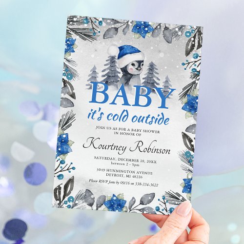 Watercolor Winter Penguin Blue Baby Shower Invitation