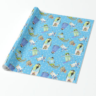 Watercolor Winter Penguins w Snowflakes Snowboard Wrapping Paper