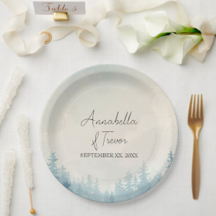 Watercolor Winter Pine Forest Custom Name Paper Plates