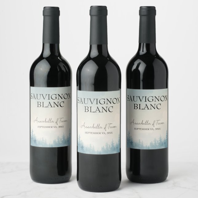 Watercolor Winter Pine Forest Custom Name Wine Label (Bottles)