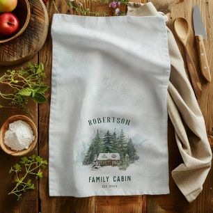 Watercolor Winter Pine Forest Family Cabin Kitchen Towel