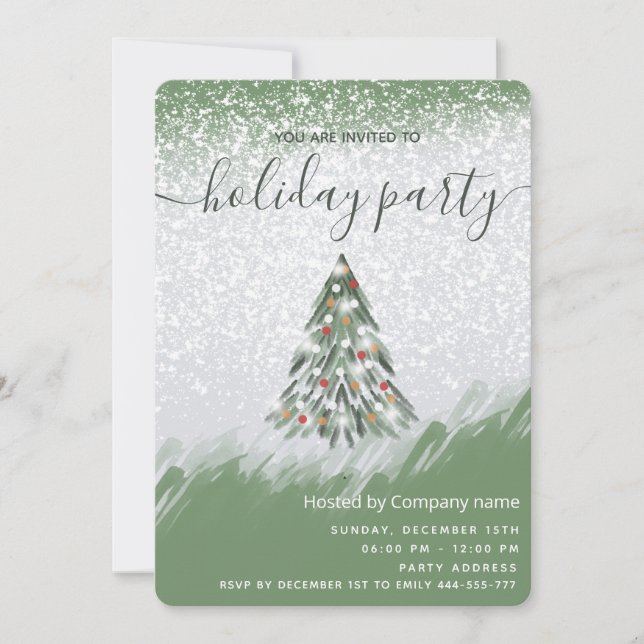 Watercolor winter pine tree holiday party company invitation (Front)