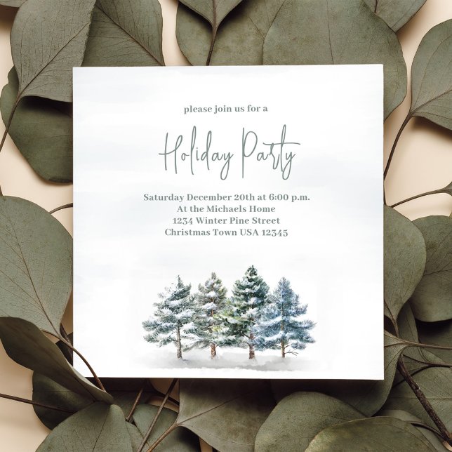 Watercolor Winter Pine Tree Holiday Party Invitation (Holiday party invitation with watercolor winter pine trees. )