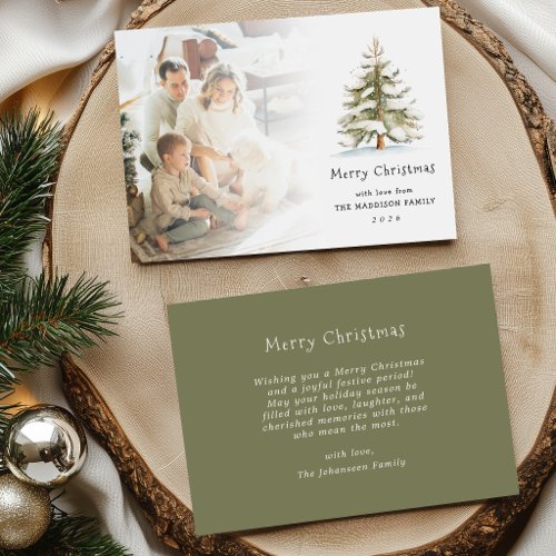 Watercolor Winter Pine Tree Merry Christmas Photo Holiday Card