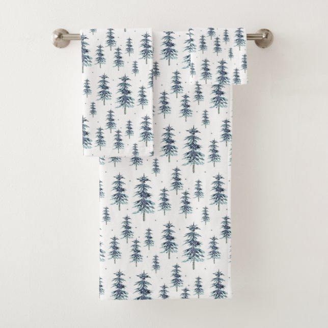 Watercolor Winter Pine Tree Pattern Bath Towel Set (Insitu)