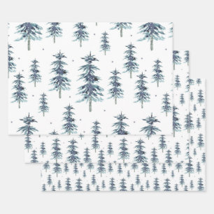 Watercolor Winter Pine Tree Pattern Wrapping Paper Sheets