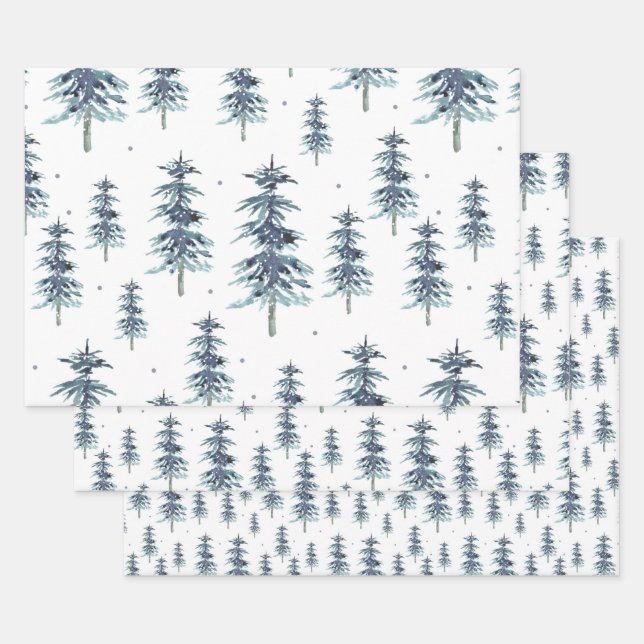 Watercolor Winter Pine Tree Pattern  Wrapping Paper Sheets (Set)