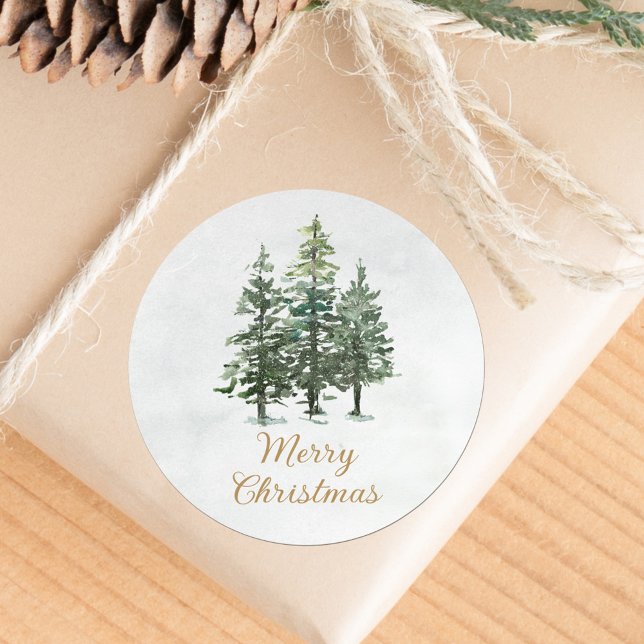 Watercolor Winter Pine Trees Christmas Classic Round Sticker (Creator Uploaded)