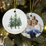 Watercolor Winter Pine Trees Christmas Photo Ceramic Ornament<br><div class="desc">This rustic winter woodland Merry Christmas ceramic ornament features 3 snow-dusted watercolor pine trees on the front,  and a photo template on the back. Please visit the collection for matching products,  or contact me through Zazzle Chat for design tweaks or more matching products.</div>